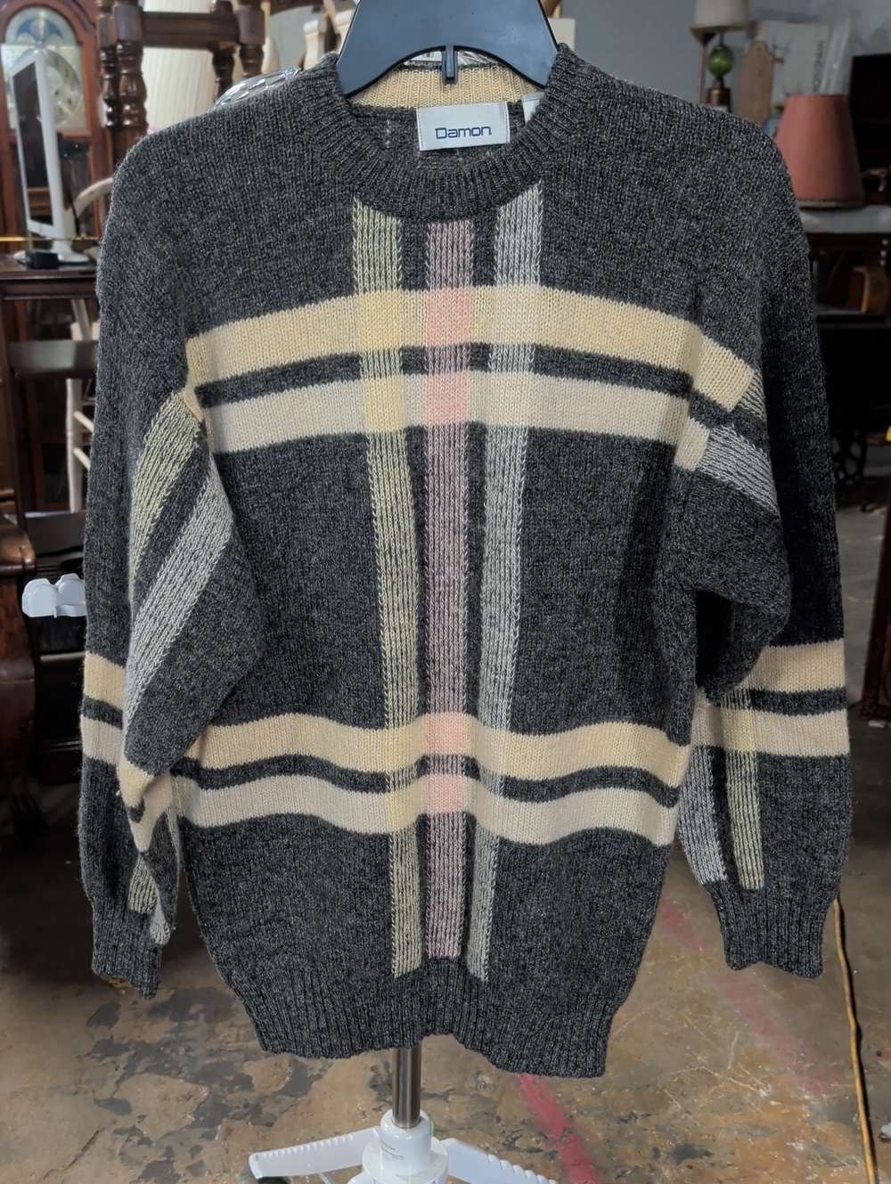 VTG Damon Plaid Knit Crewneck Sweater Medium 100% Wool Made in England